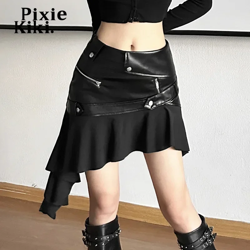 

PixieKiki Moto Girl PU Leather Patchwork Ruffle Black Skirt Street Fashion High Waist Asymmetric Mini Skirts for Woman P94-EH25