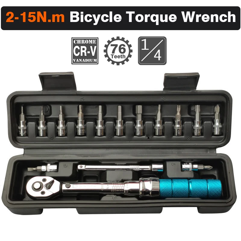 

1/4 Велосипедный динамометрический ключ 2-15 Нм Профессиональная точность ± 3% Набор гаечных ключей Torquimetro 15 шт. Для велосипеда Moto Механический инструмент для ремонта