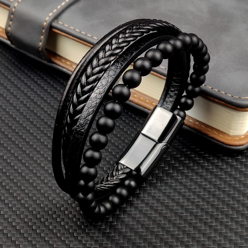 

2022 New Fashion Charm Stainless Steel Men Real Natural Stone Leather Bracelet Designer Bracelet Quality Magnet Clasp Bracelets