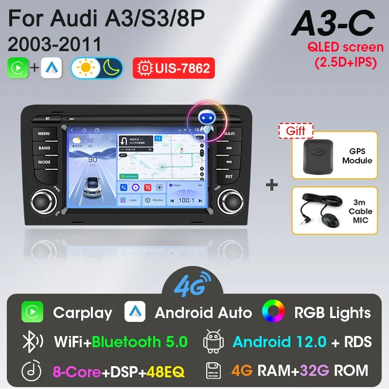 

Srnubi Android 12 Carplay Автомобильный радиоприемник для Audi A3 8P 2003-2011 S3 RS3 Sportback Мультимедийный плеер 2 Din RDS GPS 4G Авторадио DVD