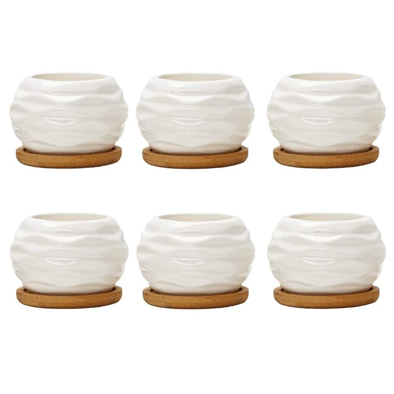

Best Succulent Planters,Water Pattern Mini 3.2 Inch Ceramic Succulent Pots With Bamboo Tray,Pack Of 6 (Plants NOT Included)