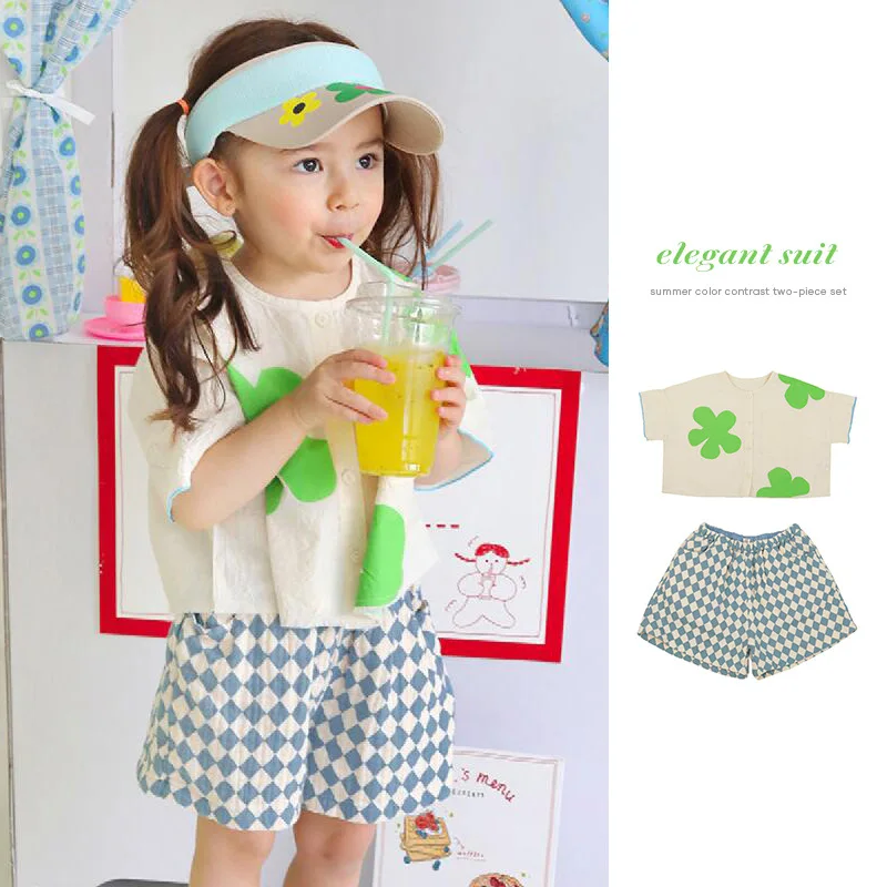 

Короткие комплекты, весна-лето 2022, топ с милым цветочным принтом, клетчатая короткая футболка для маленьких девочек, короткий комплект, летн...