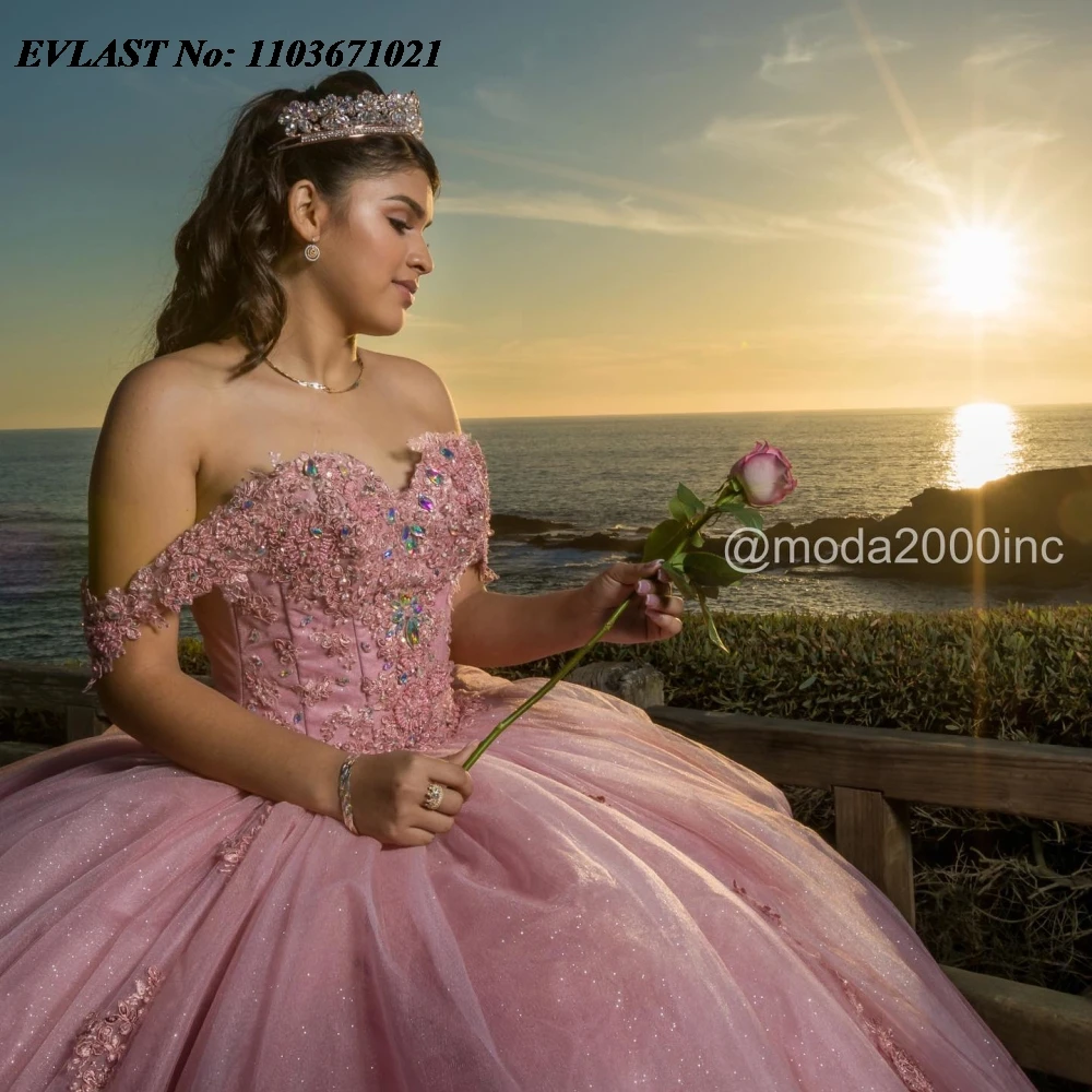 Блестящее розовое платье для Quinnceanera EVLAST бальное Кружевная аппликация украшенная