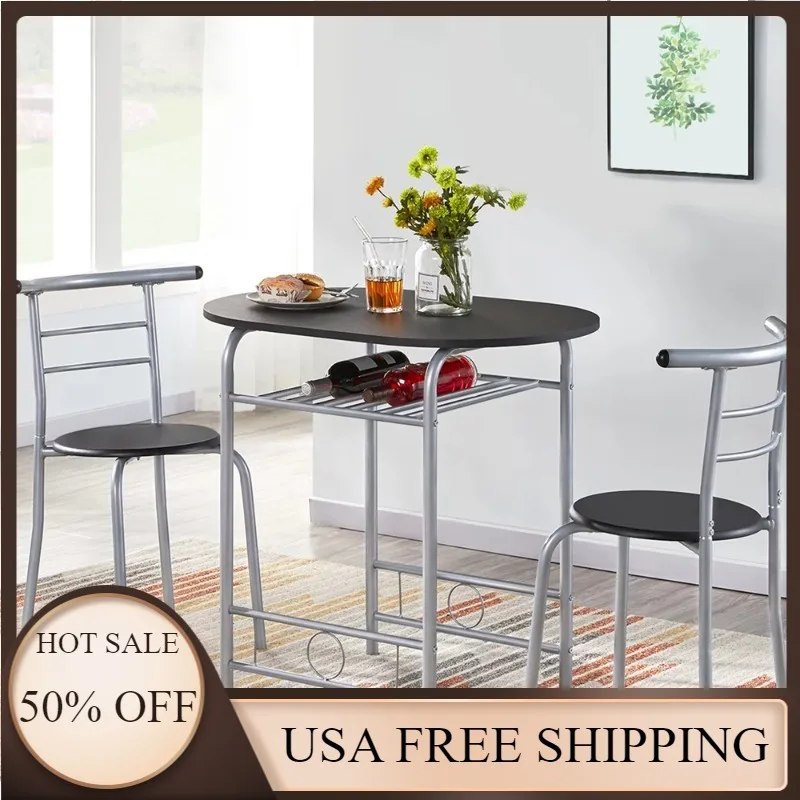 

Современный деревянный обеденный стол Alden Design из 3 предметов с круглым столом и 2 стульями, черный + серебристый