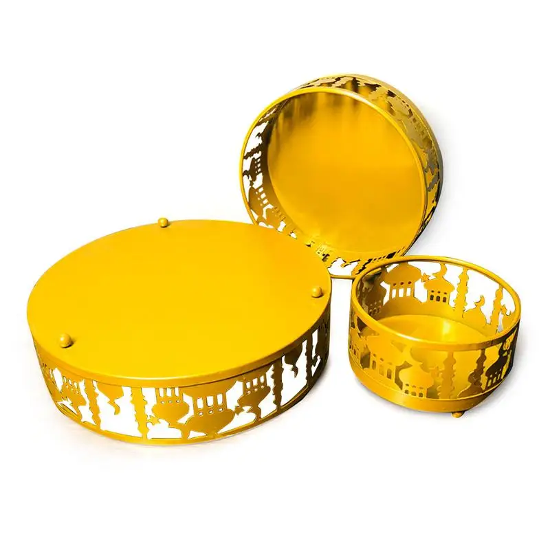 

3PCS Islam Eid Mubarak Metal Food Serve Tray Round Food Container Dessert Tray For Home Decor