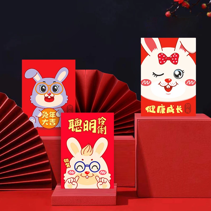 

6Pcs 2023 Year Of The Rabbit Spring Festival New Year Cartoon Childrens Gift Money Packing Bag Lucky Red Packets Bag