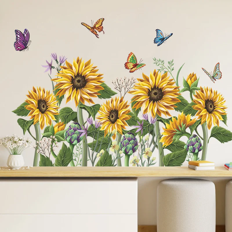 

New Painted Sunflower Flowers Butterfly Wall Stickers Living Room Decoration Wardrobe New Classical Pastoral Self-adhesive Paste