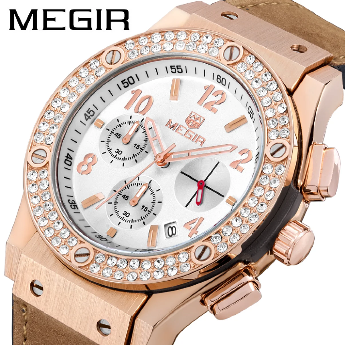 

Megir Luxury Brand Unisex Design Man Woman Japan Quartz Wristwatch Rhinstone Case Chronograph Date Casual Luminous Dress Clock