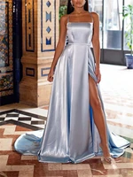 a line maxi sexy formal evening birthday dress spaghetti strap sleeveless court train charmeuse with sleek slit pure color 2022