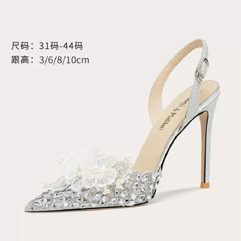 

Summer Pointed Hollow out Pearl Water Diamond Flower Wedding Shoes Thin High Heel Party Dress Large and Small Women's Sandals