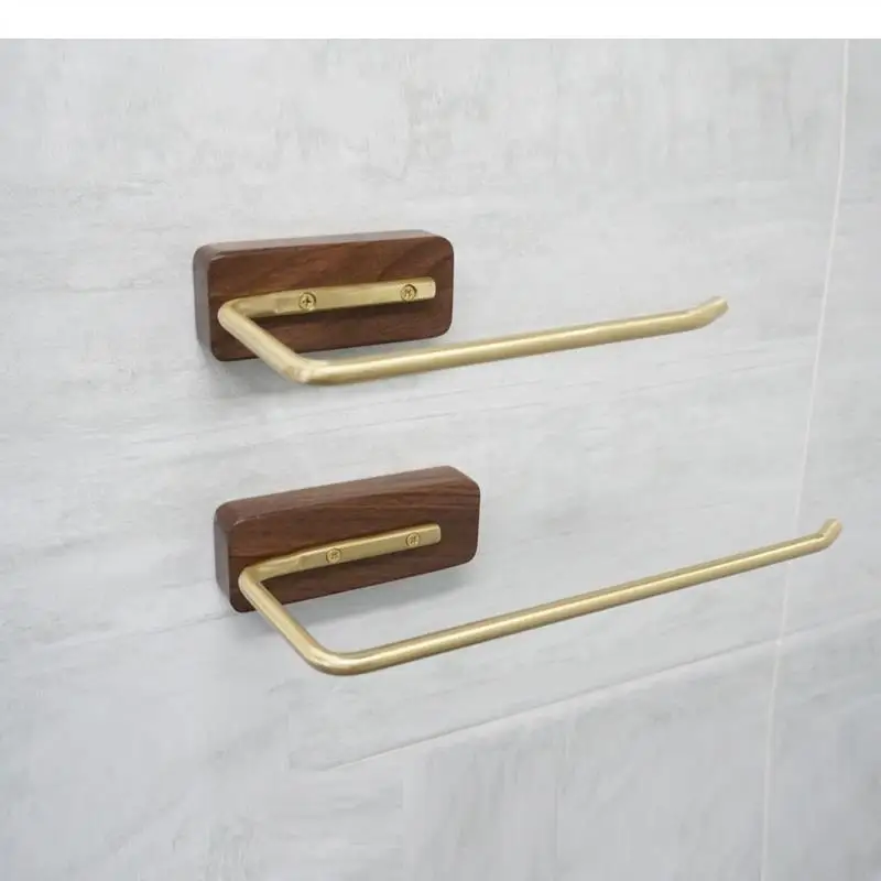 

Solid Wood Brass Creative Roll Holder Bathroom Golden Paper Towel Holder Punch-free Kitchen Storage Black Walnut Storage Rack
