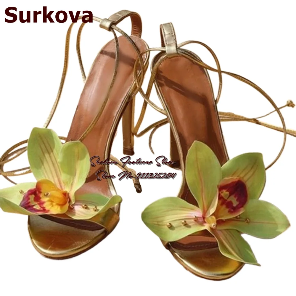 Женские босоножки на шнуровке Surkova розовые Зеленые с цветами лилии элегантные
