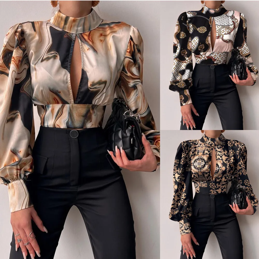 

2022 Spring Stand-up collar, long-sleeve Lantern sleeve, backless hollow-out blouse and shirt