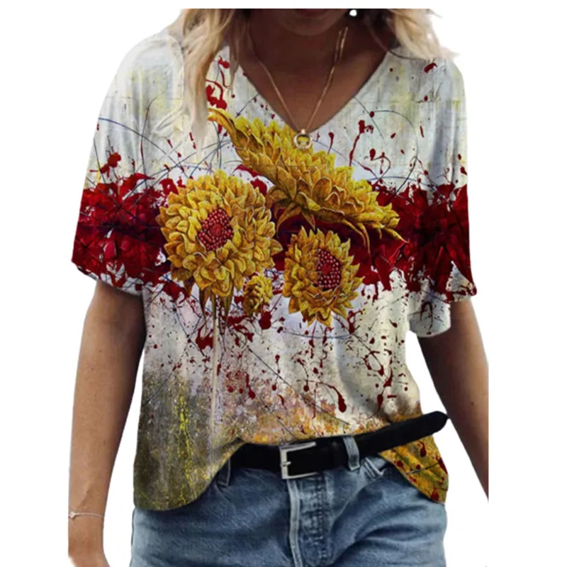 

3D Tie Dye Sunflower Women Print Tops Summer 2021 New Fashion Ladies Short Sleeve V-Neck Casual T Shirt Loose Plus Size Tee Tops