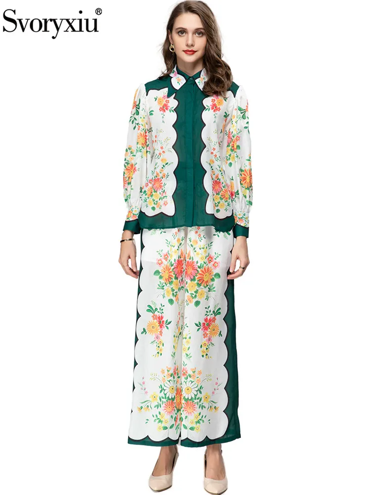 

Svoryxiu High Quality Spring Summer Designer Vintage Print Trousers Suit Women's Turn-down Collar Shirt Coat+High Waist Trousers