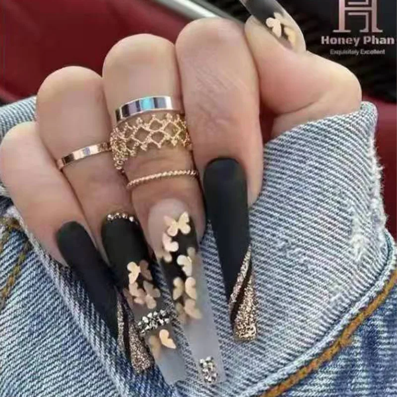 

XXXL Extra Long Ballet Nail Fakes Detachable Frosting Press On Tips Full Cover Black False Nails Butterfly Designs Fake Nails 24