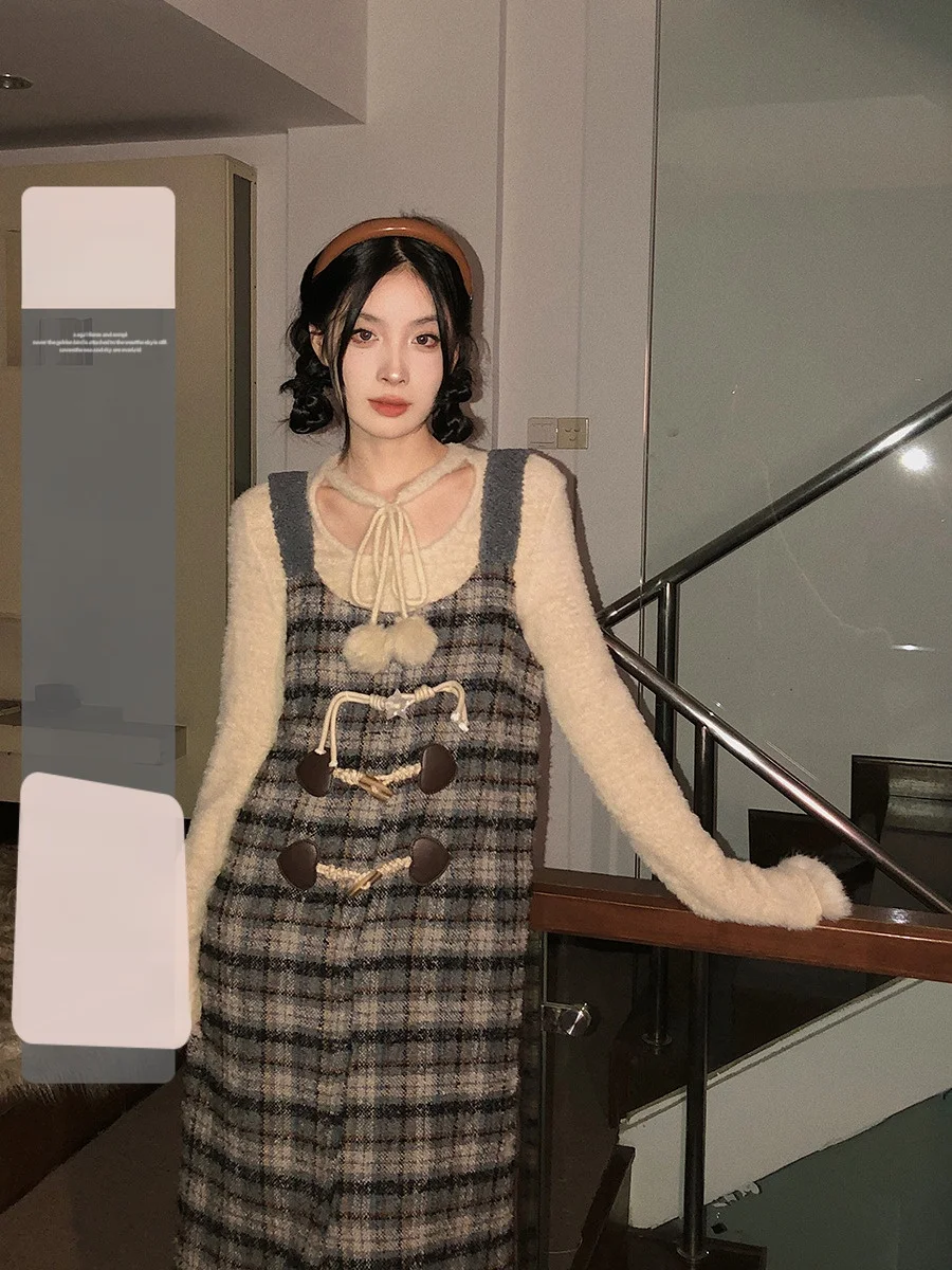 Noisy Home клетчатое платье на бретельках женское осенне-зимнее ретро темпераментное