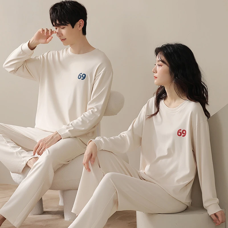 CAIYIER Letter Lovers Nightwear Suit Winter O-Neck Cartoon Couple Sleepwear Men & Women Soft Sweet Pajamas Set Male Lounge Wear