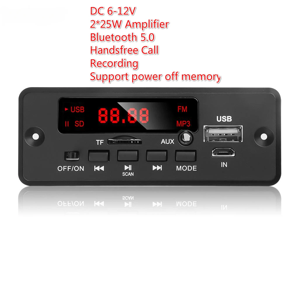 

2*25W Amplifier 6V-12V MP3 Decoder Board Bluetooth 5.0 Recording Car FM Radio Module Support TF USB AUX Power Off Memory