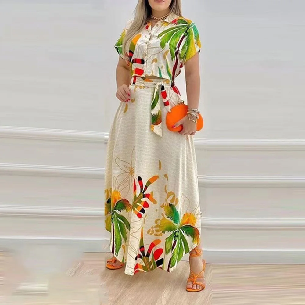 

Women Floral Prints Suits Fashion Young Style Button Sets Slim Tracksuits Sexy Streetwear 2-piece(Tops+Maxi Skirts) Female