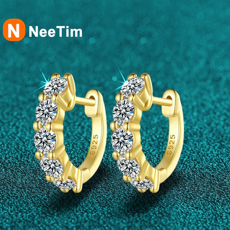 

NeeTim 3mm Full Moissanite Earrings 925 Sterling Sliver with Yellow Gold Plated Diamond Hoop Earring for Women Wedding Jewelry