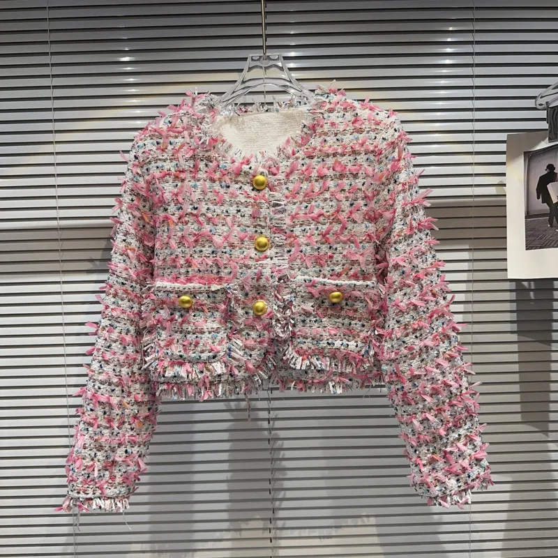 

PREPOMP 2023 Autumn New Collection Long Sleeve Pink Colorful Striped Tweed Short Jacket Women GL126