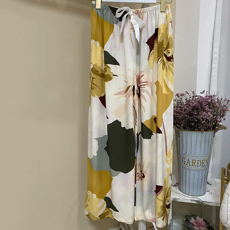 

Ladies Cotton Silk Pajamas Summer Thin Cartoon Printed Casual Trousers Pregnant Women Can Wear Wide-leg Flared Pants