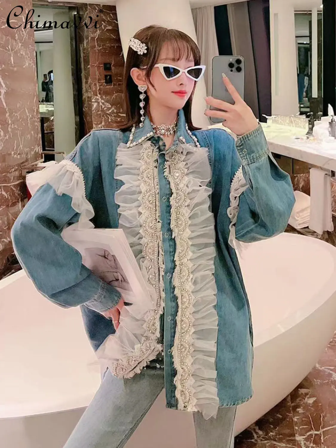 Heavy Industry Denim Shirt Women 2023 Spring New Korean Style Sweet Rhinestone Wooden Ear Stitching Long Sleeve Blouse Fashion