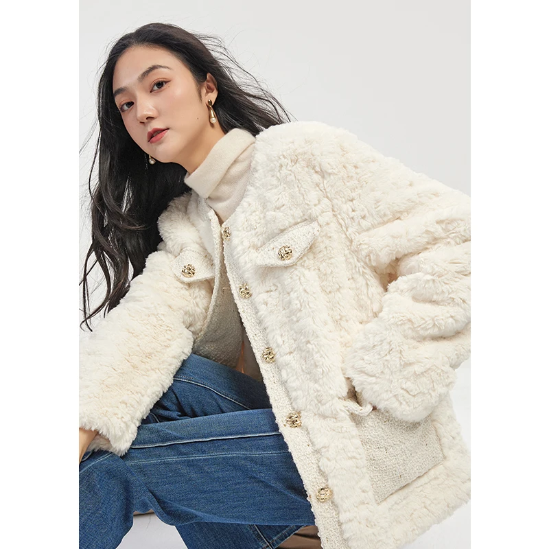 SHUCHAN Faux Fur  Coats for Women  Thick Warm Fur  High Street  Spliced  Winter  O-Neck  Single Breasted  Wide-waisted