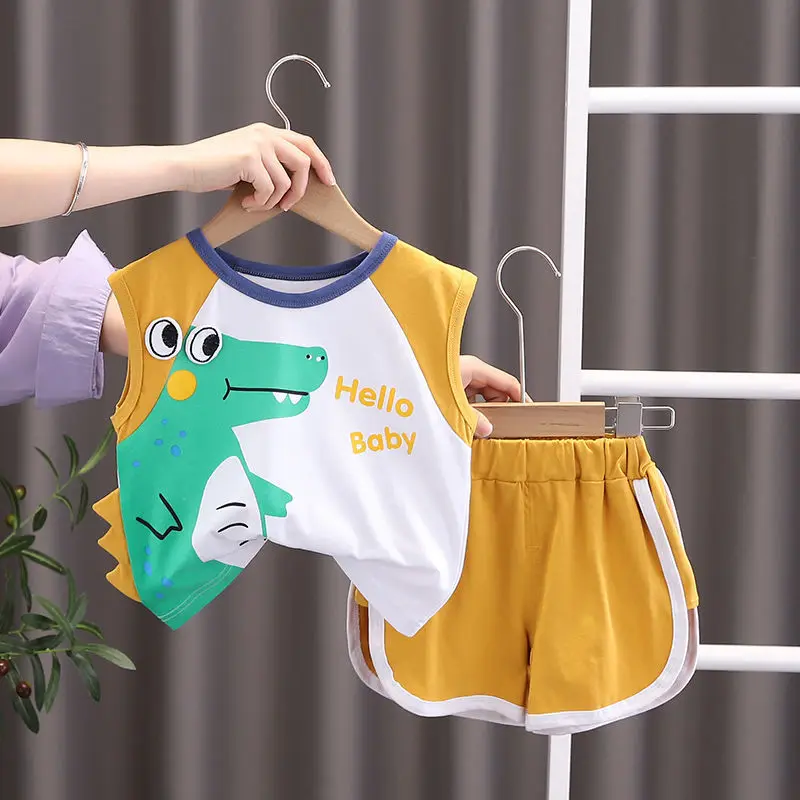 

Летние комплекты жилетов для мальчиков, детская одежда с мультяшным принтом, Детский комплект из двух предметов, детская одежда, Одежда для ...