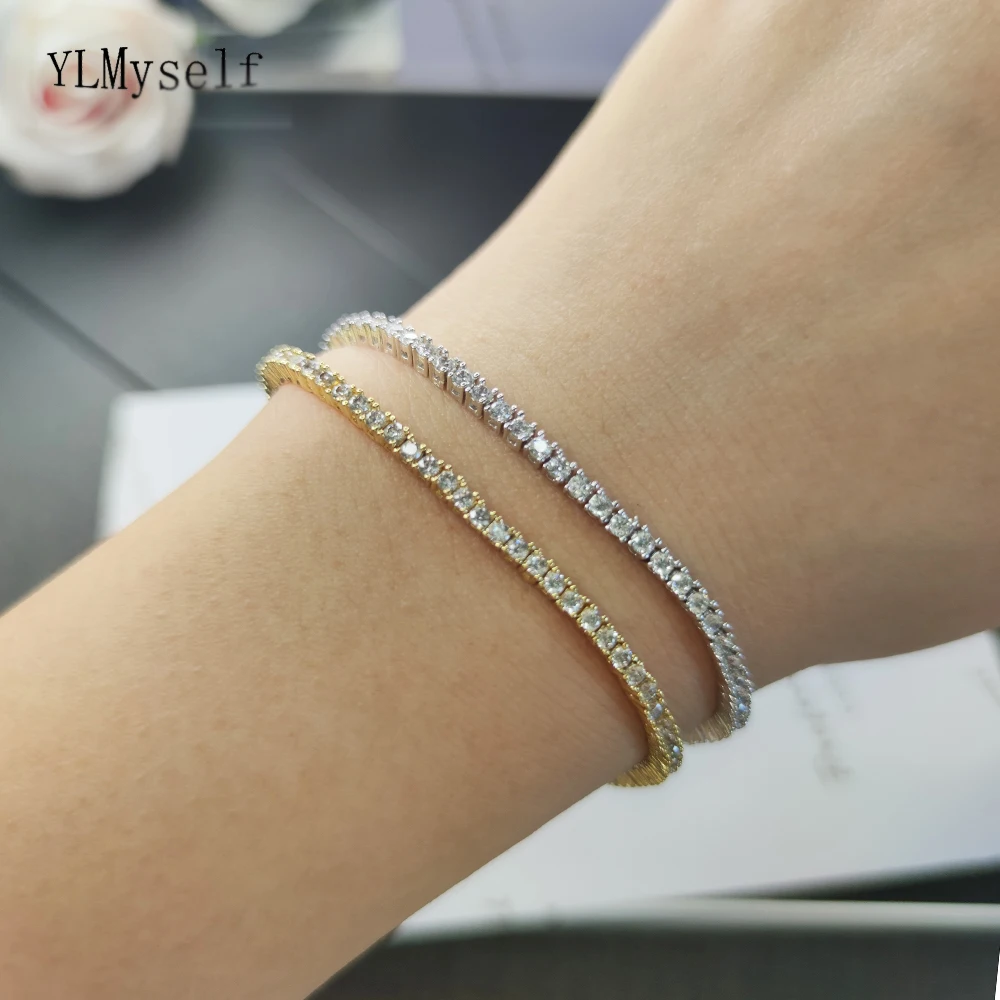 

Brass 6/7 Inch Tennis Bracelet Pave Bling 2 mm Zircon Rhodium/Gold Plated Trendy Jewelry Hip Hop Rock Wrist Bangle For Women