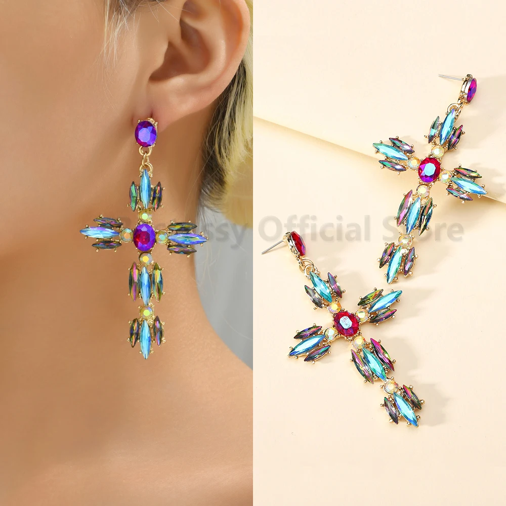 

Large Cross Earrings For Women 2023 New Fashion Vintage Shiny Crystal Hanging Drop Luxury Gothic Ear Piercing Jewelry Pendants