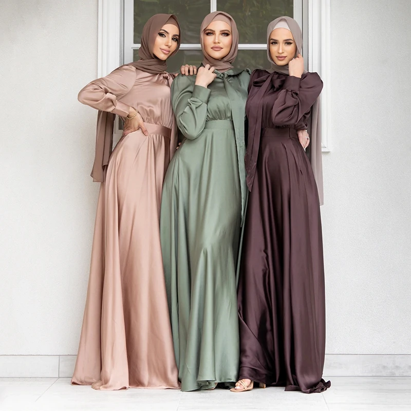 Ramadan Muslim Satin Maxi Dress Long Sleeve Hijab Women 2022 Solid Color Abaya Dubai Islam With Belt Traditional Arabic Dress