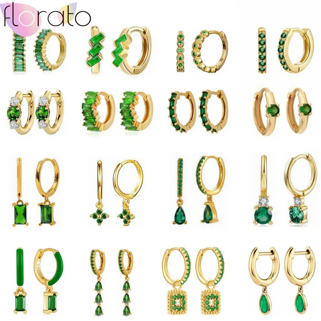 

925 Sterling Silver Needle Green Zircon Small Hoop Earrings for Women Simple INS Gold Silver Color Piercing Earring 2022 Jewelry