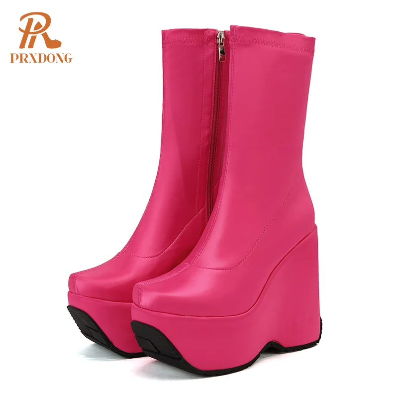 

Женские ботильоны на танкетке PRXDONG, черные или синие короткие ботильоны на толстой платформе и высоком каблуке, Осень-зима 2019