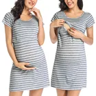 Платье для беременных с принтом в полоску, летнее платье для беременных, женские платья с круглым вырезом и коротким рукавом для грудного вскармливания, Одежда для беременных