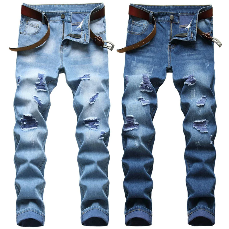 

Men's Jeans Fashion Men Ripped Straight Long Pant Denim Bike