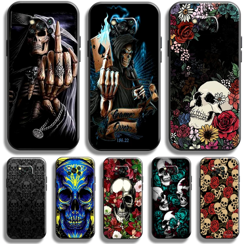 

Grim Reaper Diablo Rose Skull Phone Case For Xiaomi Poco X3 Pro NFC For POCO X3 GT Case Carcasa Black Liquid Silicon Coque Back