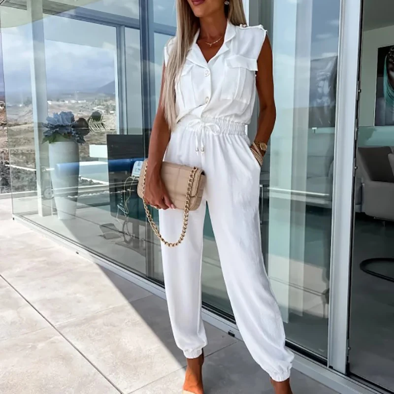 

Женский офисный комбинезон на пуговицах, однотонный Облегающий комбинезон без рукавов с V-образным вырезом, длинный комбинированный комбинезон-карго на шнуровке, лето