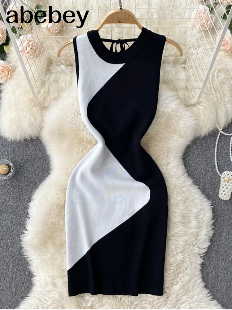 

Women Korean Knitted Dress Tank Blackless O Neck Elastic Slim Pencil Dresses 2022 Summer Sexy Bodycon Sweater Dress