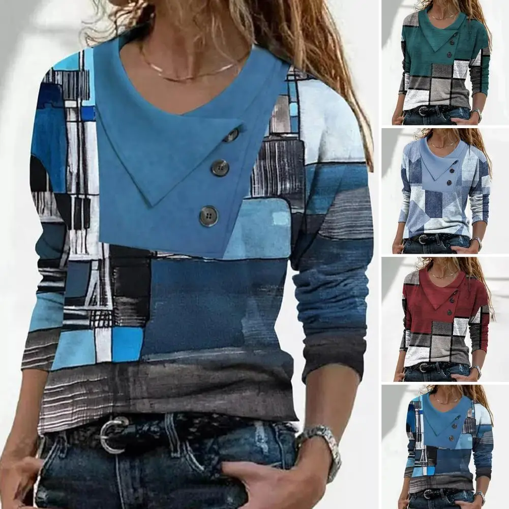 

Charming Women Blouse Skin-Touch Tee Shirt Long Sleeves Geometry Patchwork Color Loose Autumn Tee Shirt Workwear