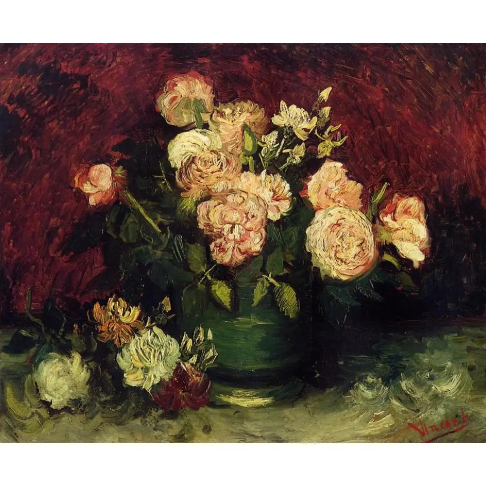 

Vincent Van Gogh paintings on Canvas Bowl with Peonies and Roses hand-painted wall art decor High quality