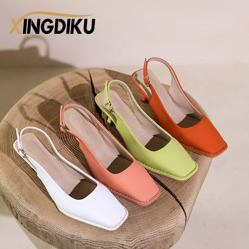 

Summer 2022 Classic Designer Sandals Square Toe Stiletto Middle Heel Orange Fashion Trendy Shoes High Heel Sandals Ladies PU
