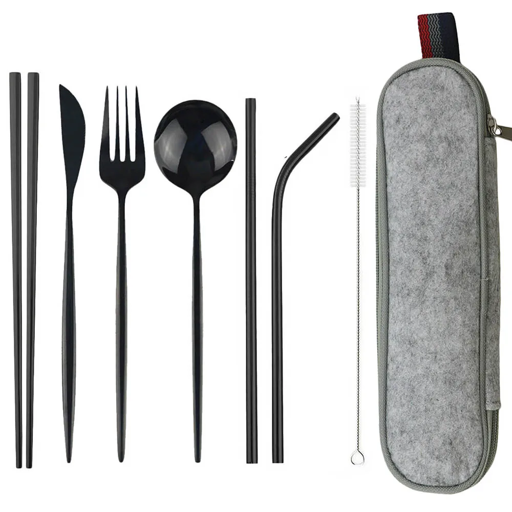 

8Pcs 304 Stainless Steel Dinnerware Set Spoon Fork Chopsticks Straw With Bag Cutlery Set For Travel Outdoor Office Picnic BBQ