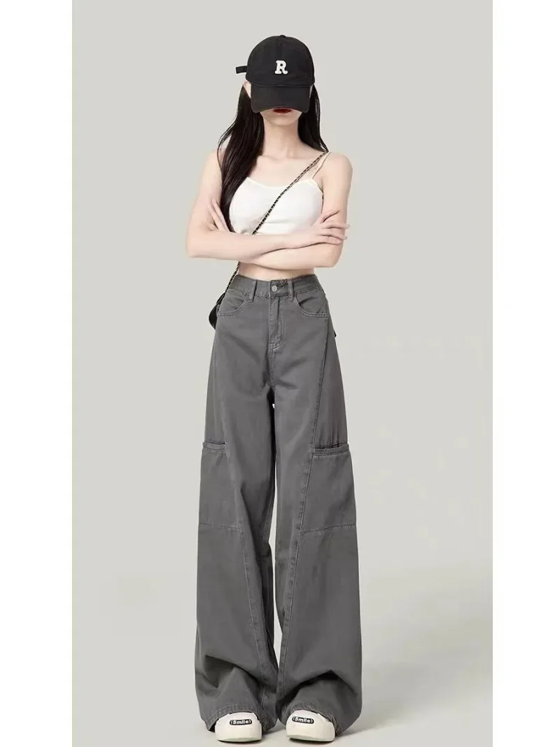 Серые брюки-карго в американском стиле с высокой талией свободные прямые