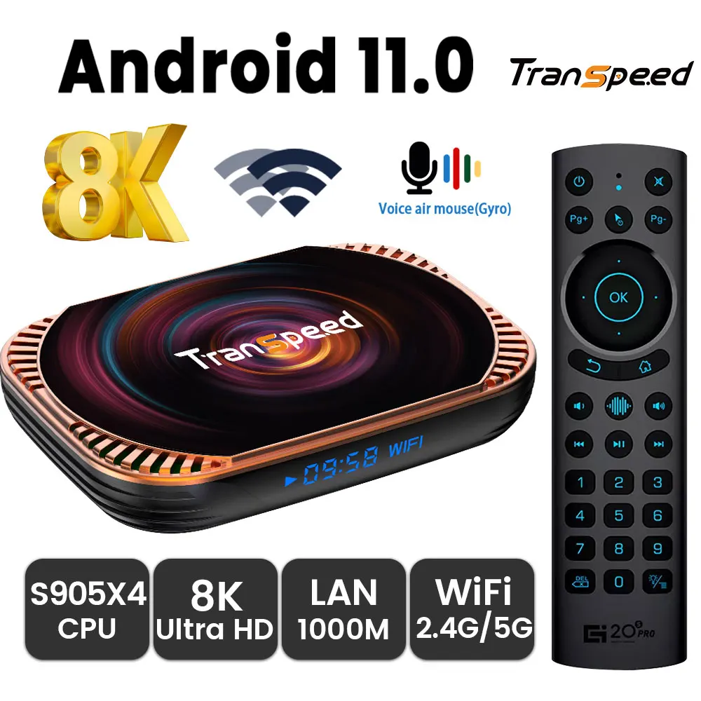 

ТВ-приставка Transpeed 8K 3D Android 1000 Amlogic S905X4 X4 4K LAN 2,4 M BT4.0 5,8G и G Быстрая Wi-Fi медиаплеер телеприставка