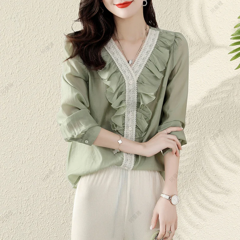 

2023 Spring New Vintage Lace Ruffles Green Shirt Plus Size Long Sleeve Women Blouse Elegant OL Work Top Camisas Para Mujer