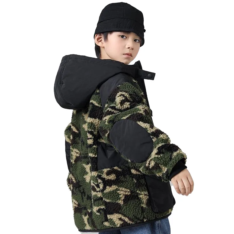 

Зимняя шерстяная куртка для мальчиков 2022 Корейская версия плюс бархатная утепленная Повседневная сращенная детская одежда средней длины с капюшоном