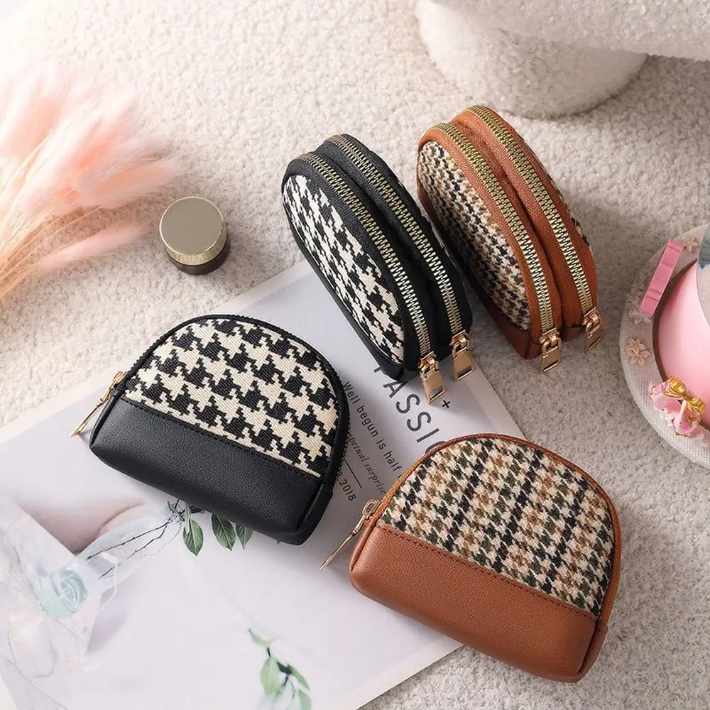 

Temperamental Elegant Mini Houndstooth Canvas Fabric with Key Chain Wallet Women Coin Purse Card Holders Leather Bag