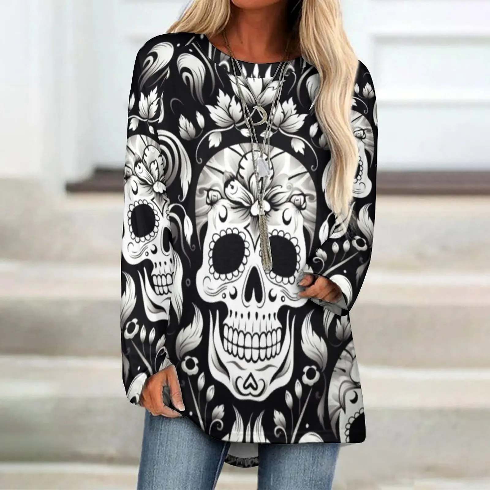 

Women's T Shirt Tee Vintage Weekend Halloween Skull 3D Printed T Shirt Tee Long Sleeve Print Round Neck Elegant Women's Blouses